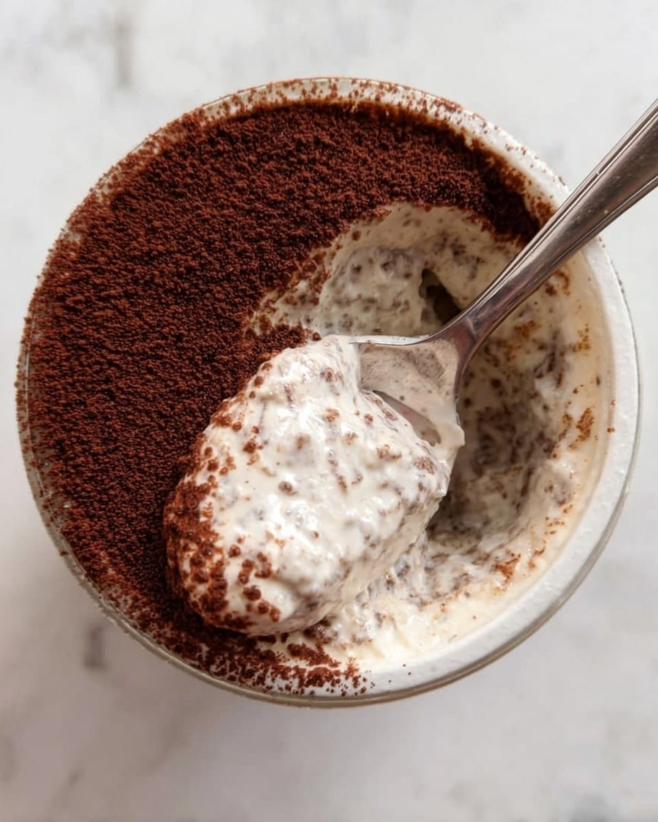 The image shows a glass jar filled with a creamy dessert that has two clear layers. The bottom layer is thick and white with a soft, slightly lumpy texture, mixed with small grains or seeds. The top layer is covered with a smooth, even dusting of dark brown cocoa powder. A spoon is inside the jar, scooping out some of the dessert from the right side, revealing the textured white layer under the cocoa powder. The jar is placed on a white marbled surface. The photo taken with an iphone --ar 4:5 --v 7