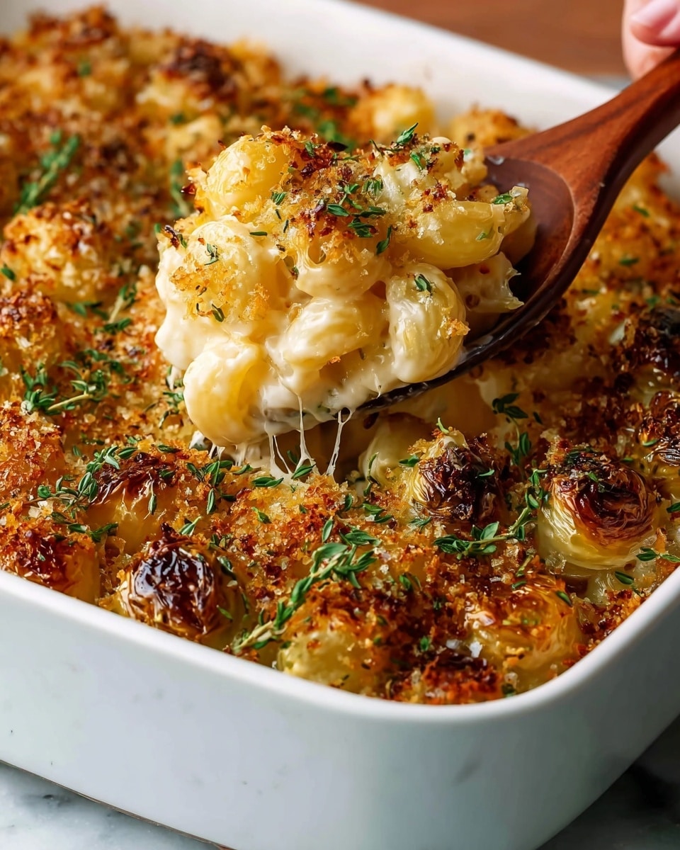 A close-up view of a creamy casserole in a white ceramic baking dish with a golden brown crumb topping, sprinkled with small green herb leaves. The casserole shows multiple layers: a crispy, textured, browned breadcrumb layer on top, beneath which is a thick, smooth, creamy cheesy layer with soft yellow pasta shells visible underneath. A wooden spoon lifts a scoop from the dish revealing its gooey, melted cheese and soft pasta inside. The dish sits on a white marbled surface with soft natural light highlighting the rich textures and warm colors, photo taken with an iphone --ar 4:5 --v 7