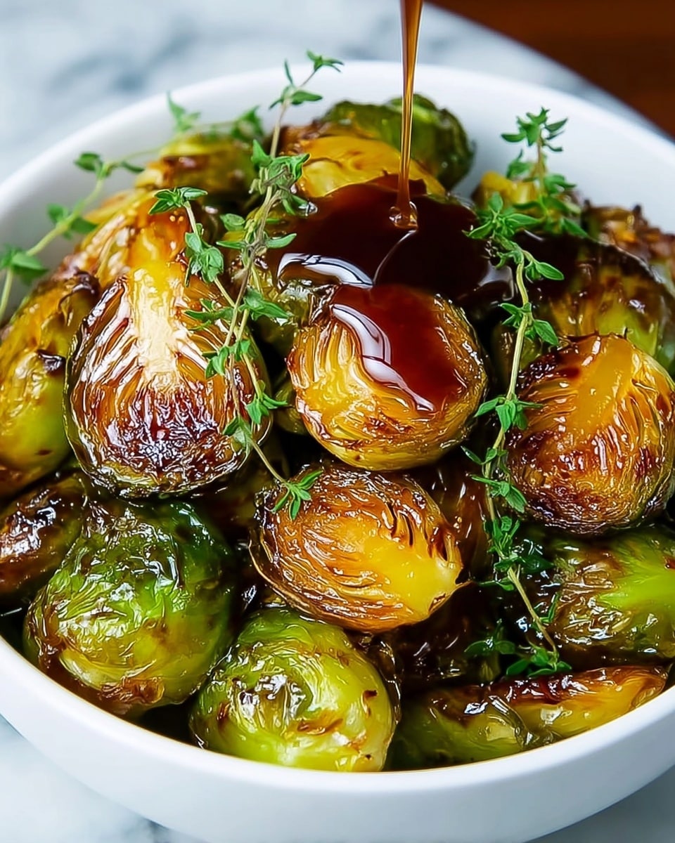 A white bowl filled with glossy roasted Brussels sprouts, each cut in half showing a rich caramelized brown and green layered texture, with a shiny dark sauce being drizzled over them. Small green sprigs of thyme are scattered on top, adding a fresh touch. The Brussels sprouts have a mix of crispy edges and tender inner layers, creating a vibrant and appetizing look. The bowl sits on a white marbled surface. photo taken with an iphone --ar 4:5 --v 7