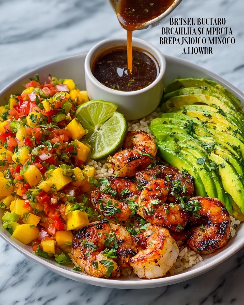 A white bowl filled with a base layer of white rice, topped with a layer of cooked shrimp that have a charred, dark red-brown spice coating, arranged around the edge. Next to the shrimp is a row of bright green avocado slices with a smooth texture, followed by a colorful mango salsa layer made of diced yellow mango, red tomato, and green herbs mixed together. A wedge of lime is placed in the bowl. A small white bowl of dark brown lime-chili sauce is being poured over the ingredients from above. The bowl sits on a white marbled surface. photo taken with an iphone --ar 4:5 --v 7