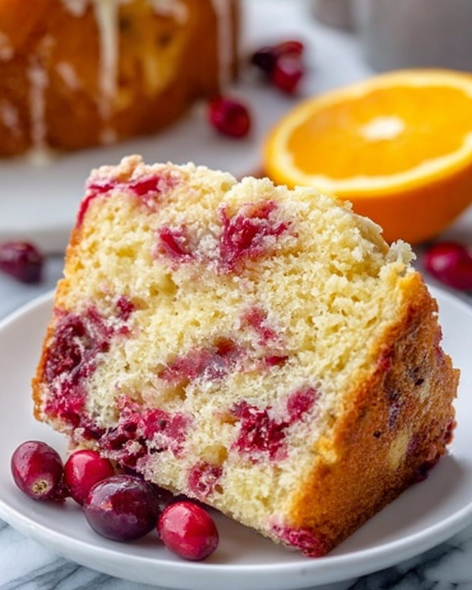 A close-up of a thick slice of light yellow cake with a soft, crumbly texture, filled with bright red cranberry pieces scattered throughout the inside. The cake rests on a white plate, placed on a white marbled surface. In the background, there are out-of-focus orange slices showing the bright orange color and juicy texture, along with a few cranberries and a striped cloth. The overall image looks natural and fresh, photo taken with an iphone --ar 4:5 --v 7