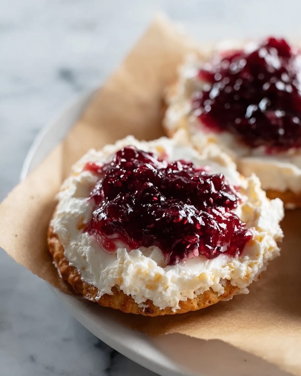 Two round crackers serve as the base layer, both placed on a small square piece of light brown parchment paper. Above the crackers is a thick, fluffy layer of white whipped cream cheese, soft and uneven in texture. On top of this creamy layer is a generous dollop of dark red blackberry jam, glossy with chunks of berries that add a rough texture and deep color contrast. The snacks are arranged on a white plate, which sits on a white marbled surface. The photo is closely focused and captured from a slightly angled top view, highlighting the textures and colors of the layers. photo taken with an iphone --ar 4:5 --v 7