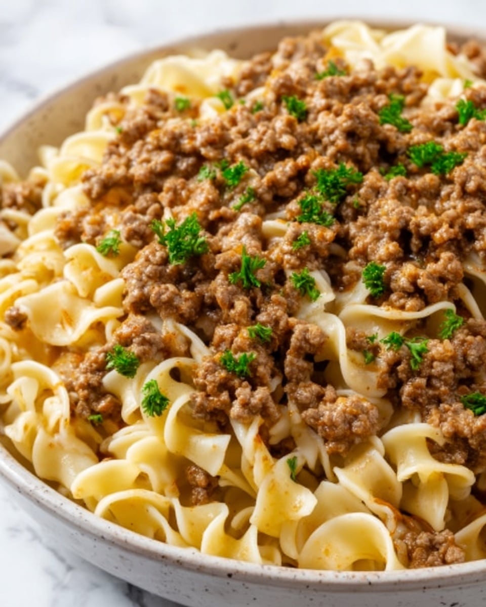 A close-up view of a white bowl filled with cooked egg noodles mixed with ground beef and small pieces of onion, topped with small sprigs of fresh green parsley. The egg noodles are twisted and soft, showing a light beige color with a slightly glossy texture, while the ground beef is evenly spread in between, giving a crumbly and brown appearance. The green parsley adds a bright touch on top, creating a contrast with the warm colors of the noodles and beef. The background is a white marbled texture. Photo taken with an iphone --ar 4:5 --v 7