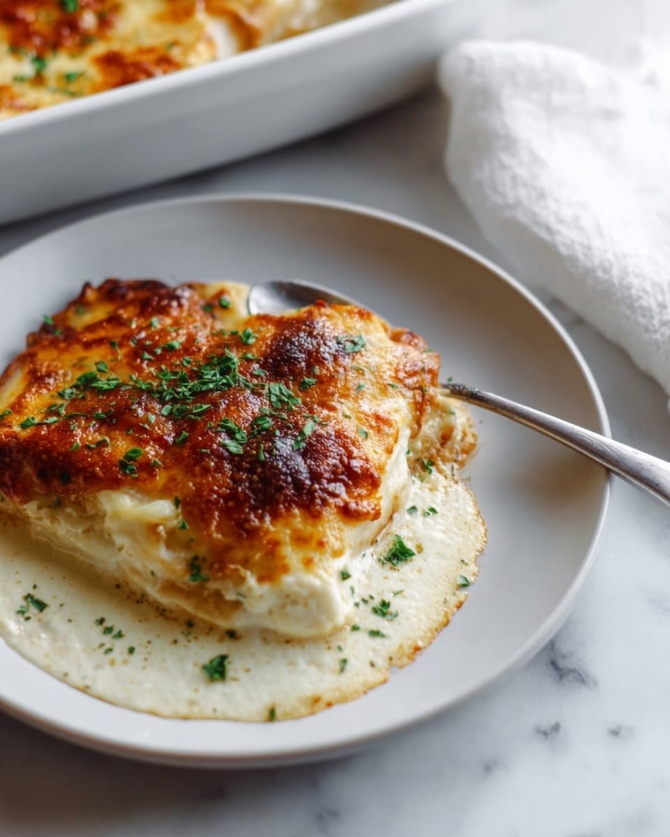 A close-up of a white plate with a single serving of baked dish showing two main layers; the bottom layer is creamy white with a smooth texture, and the top layer is golden brown and bubbly, with melted cheese slightly browned in spots. The dish is sprinkled with finely chopped green herbs for color contrast. A silver spoon rests on the right side of the plate, and part of the white marbled textured surface is visible under the plate, with a white cloth napkin to the upper right. In the top left corner, the corner of a white baking dish with a similar dish inside is seen. photo taken with an iphone --ar 4:5 --v 7