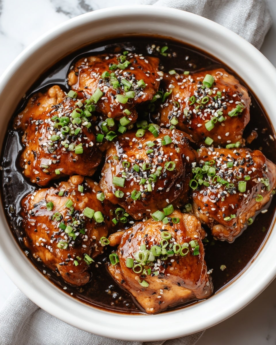 The image shows six pieces of glossy, golden-brown cooked chicken thighs arranged closely inside a round white bowl filled with a thick, dark brown sauce. Each chicken piece is topped with small, bright green chopped scallions and sprinkled with white and black sesame seeds, adding texture and color contrast. The bowl sits on a white marbled surface with a light grey cloth partially visible on the left side. The overall look is rich and appetizing, with the shiny sauce coating the chicken perfectly. photo taken with an iphone --ar 4:5 --v 7