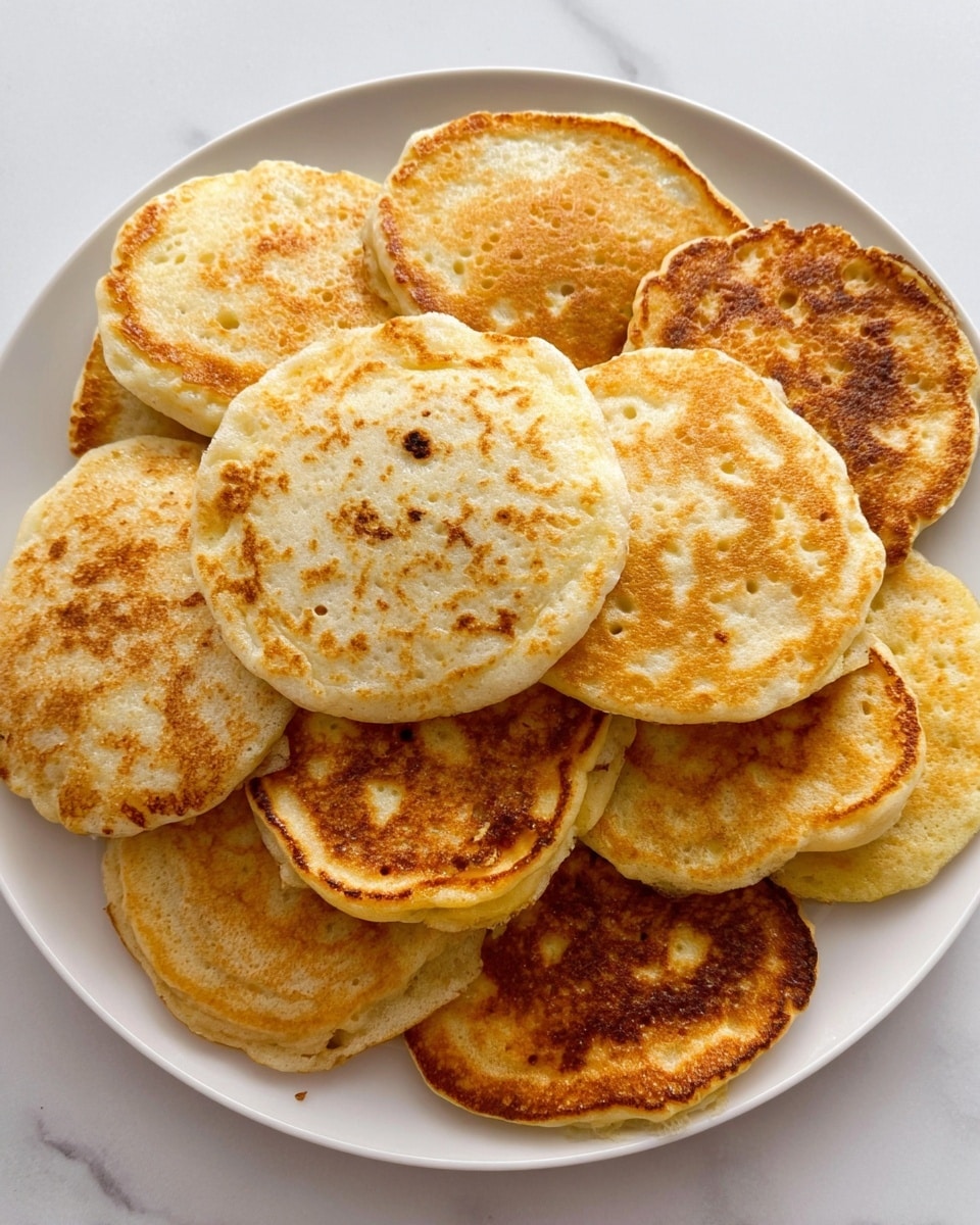 A pile of about ten golden brown pancakes with uneven circular shapes is stacked on a white plate with light blue speckles around the edge. Each pancake has a slightly different shade of warm brown with small bubbles and uneven coloring on the surface. The edges vary from light tan to a darker brown, showing a soft texture. The pancakes cover the plate fully, overlapping in layers mostly two to three thick. The plate is sitting on a white marbled surface. photo taken with an iphone --ar 4:5 --v 7