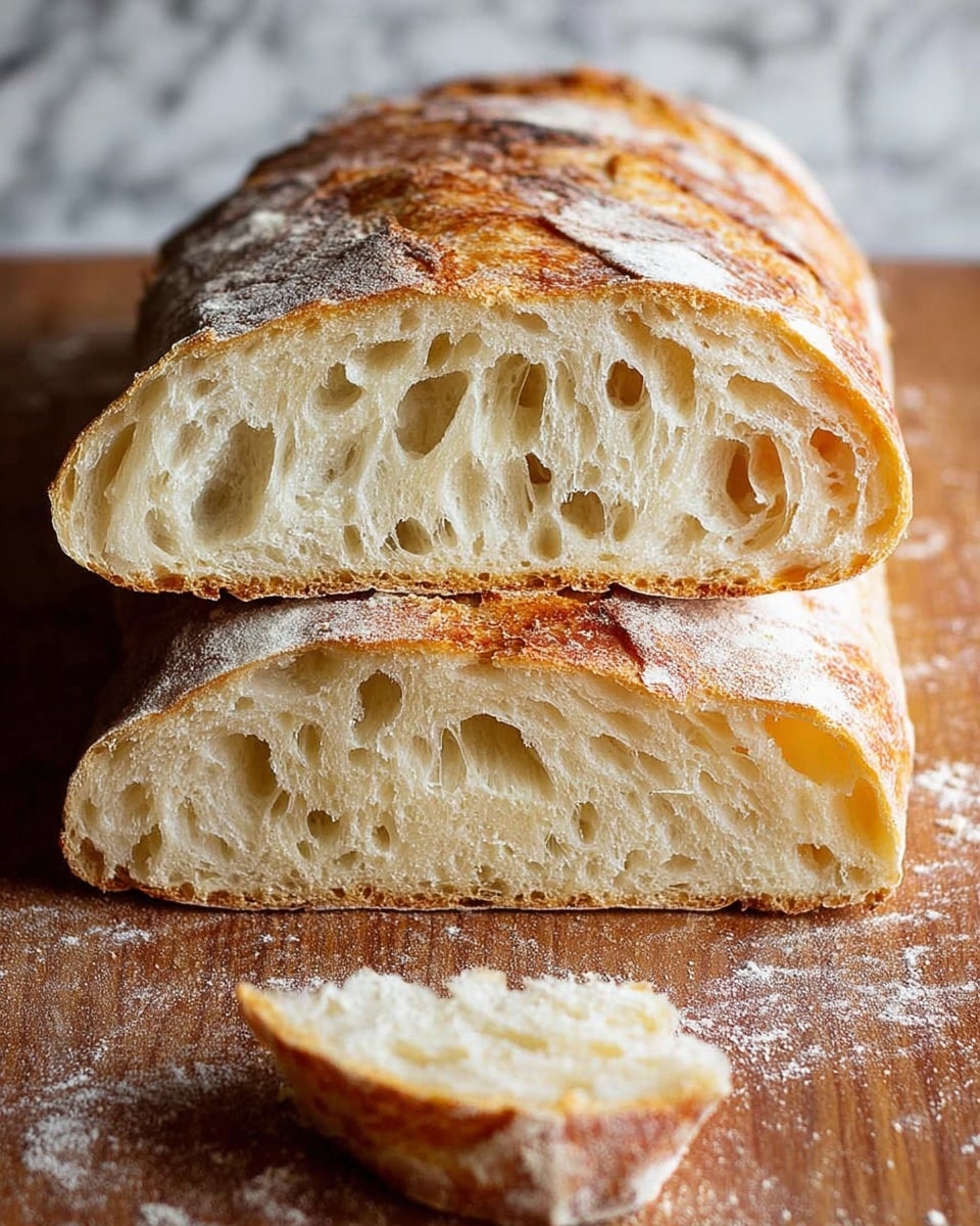 The image shows a close-up view of a loaf of bread cut in half horizontally, placed on a wooden surface with some flour dusted around. The bread has a golden-brown crust with light flour patches and a rough texture on top. The inside reveals a soft, airy crumb filled with large, uneven holes, displaying a creamy off-white color. A small piece of the bread crumb is broken off and laying on the surface nearby. The background is a white marbled texture. photo taken with an iphone --ar 4:5 --v 7