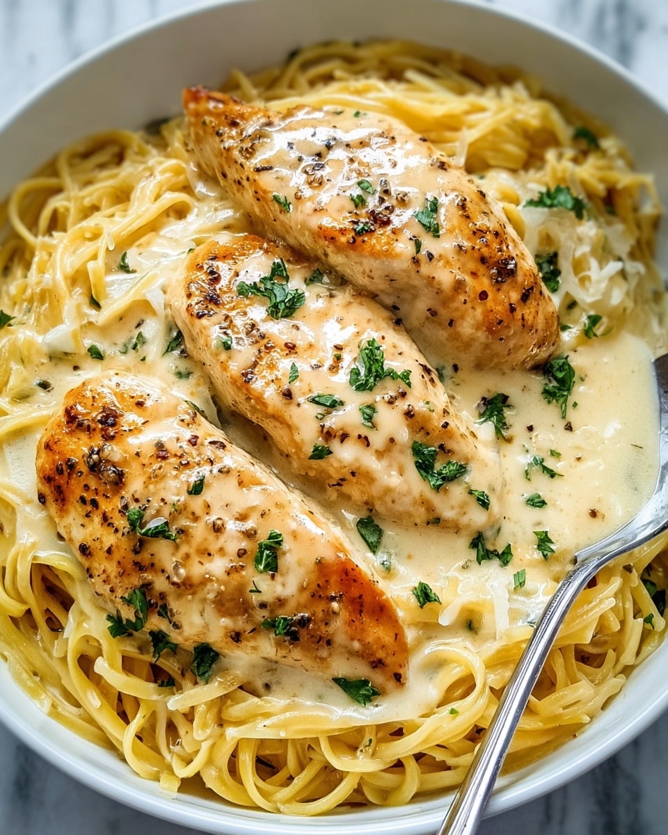 The image shows a close-up of a dish with three large pieces of creamy, seasoned chicken breast placed on top of a bed of cooked noodles. The chicken pieces are golden-brown with visible pepper and herbs sprinkled on top, covered in a rich, creamy sauce that pools around the noodles. Bright green parsley leaves are scattered over the chicken and sauce, adding a fresh contrast. A silver spoon rests on the right side, partially submerged in the sauce and noodles. All of this is served in a white bowl sitting on a white marbled surface. photo taken with an iphone --ar 4:5 --v 7