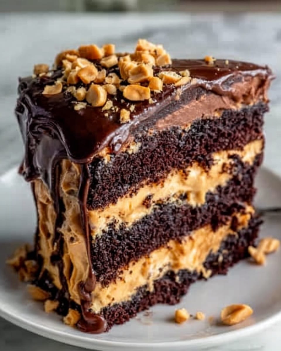 A close-up of a rich three-layer chocolate cake slice on a white plate with a white marbled background. The bottom and top layers are dark, moist chocolate cake, while the two inner layers are creamy light brown peanut butter filling. The top of the cake is covered in thick shiny dark chocolate ganache, dripping slightly down the sides, and sprinkled with crunchy chopped peanuts. The texture looks smooth and glossy on the top layer with soft and dense cake layers inside. Photo taken with an iphone --ar 4:5 --v 7