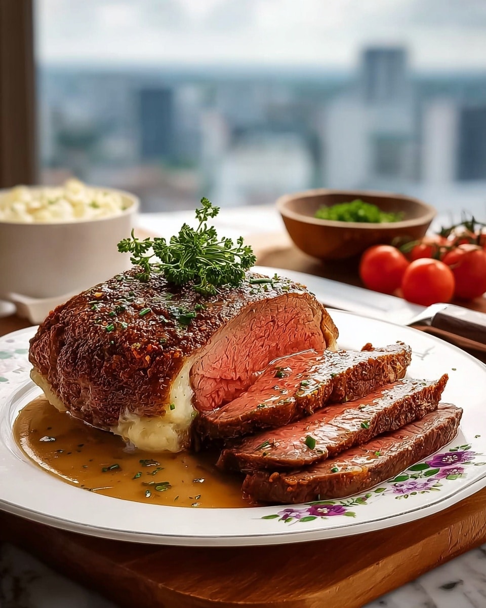 A thick, medium-rare beef roast with a dark brown, crispy outer layer sits on a white plate decorated with small purple and green floral designs, placed on a wooden board. The roast is partially sliced, revealing a pink, juicy interior with four slices fanned out on the right side. A small bunch of fresh green herbs sits on top of the roast, and a savory brown sauce pools underneath. To the right of the plate, a silver knife, two red cherry tomatoes on the vine, and a small wooden bowl filled with chopped herbs rest on the white marbled surface. In the background, a large window shows a blurred cityscape under a bright and partly cloudy sky. Photo taken with an iphone --ar 4:5 --v 7