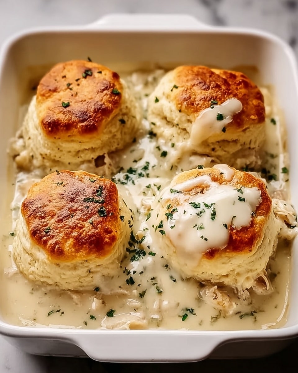 The image shows four golden brown biscuit-topped chicken and gravy servings in a white rectangular baking dish, arranged in two rows of two. Each biscuit layer is shiny, with a crispy, slightly browned top. Underneath, there is a thick, creamy white chicken gravy with visible shredded chicken pieces, filling the base of the dish and slightly overflowing around the biscuits. A smooth white sauce with green herb sprinkles is drizzled over the top of each biscuit. The surface the dish is on is a white marbled texture. Photo taken with an iphone --ar 4:5 --v 7