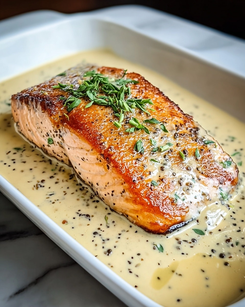 A thick, golden-brown cooked salmon fillet lies in a shallow pool of creamy light beige sauce with visible black pepper flakes. The top of the salmon is partially covered by a smooth layer of the same sauce, garnished with small, bright green chopped herbs scattered across the surface. The salmon's texture shows crispy edges with a slightly flaky inside. The dish sits inside a white ceramic baking dish with rounded edges. The background is a white marbled texture. photo taken with an iphone --ar 4:5 --v 7