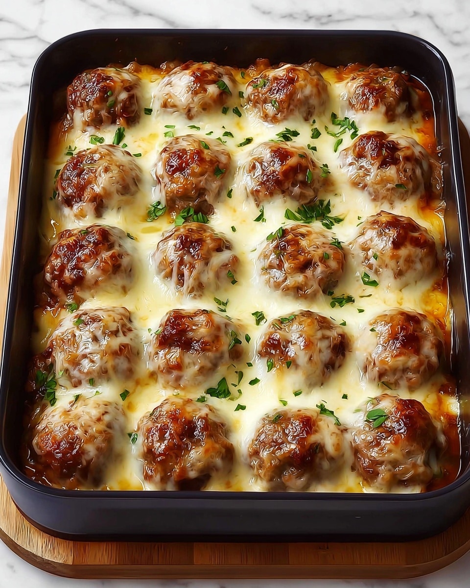 A black baking dish holds a grid of 20 golden-brown meatballs, each topped with melted, bubbly white and light yellow cheese that drapes over them and fills the spaces in between. The cheese is slightly browned at the edges, giving a crispy texture. Small green herb pieces are sprinkled over the entire dish for a fresh contrast. The dish sits on a light wooden board against a white marbled surface. Photo taken with an iphone --ar 4:5 --v 7