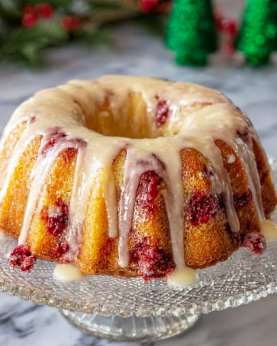 A round bundt cake with a golden-brown crust and a smooth white glaze that gently drips down the sides. Bright red pomegranate seeds are scattered on and around the cake, nestled into the glaze and adding pops of color. The cake sits on a clear glass stand, placed on a surface with a white marbled texture. The background is softly blurred with a festive look, featuring small green and red decorations. photo taken with an iphone --ar 4:5 --v 7