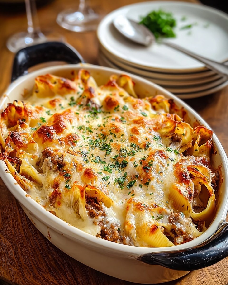 The dish is a baked pasta casserole presented in an oval white ceramic baking dish with black edges. The top layer is golden brown melted cheese with slightly crispy, browned spots, sprinkled lightly with green herbs. Beneath the cheese, you can see rolled pasta tubes filled with a creamy, beige mushroom mixture, creating a textured and rich second layer. The edges of the pasta are visible, showing a pale yellow pasta sheet color, while hints of orange tomato sauce peek around the sides near the base. The dish sits on a wooden table, with a blurred white marbled background including stacked white plates and a fork in the back. Photo taken with an iphone --ar 4:5 --v 7