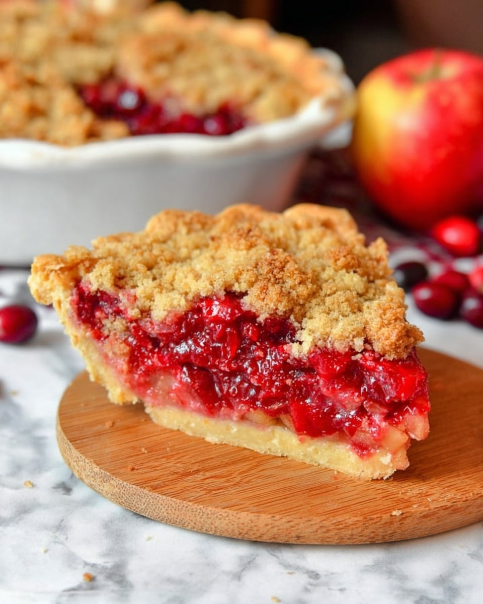 The image shows a slice of crumb-topped pie on a wooden board with a white marbled background. The pie slice has three clear layers: the bottom crust is light golden with a slightly flaky texture, the middle layer is bright red with visible cranberry pieces in a thick, juicy filling, and the top layer is a coarse, crumbly, light brown streusel crust. Behind the slice, a white pie dish holds the rest of the pie with the same crumbly topping and red filling peeking through the edges. Scattered cranberries and a red apple are visible in the background on the white marbled surface. photo taken with an iphone --ar 4:5 --v 7