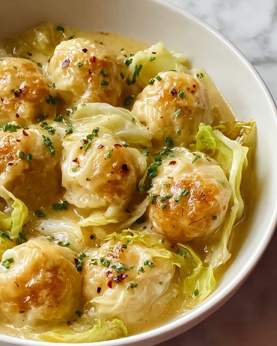A close-up view of a white bowl filled with soft, golden brown dumplings sitting on a bed of light green cabbage leaves, all covered in a creamy, pale yellow sauce. The dumplings have slightly browned tops with a bumpy, smooth texture, and are sprinkled with small black pepper flakes and finely chopped green herbs. The cabbage leaves are slightly wilted and glossy from the sauce, which pools gently around the sides, creating a rich and comforting look. The bowl rests on a white marbled surface. Photo taken with an iphone --ar 4:5 --v 7