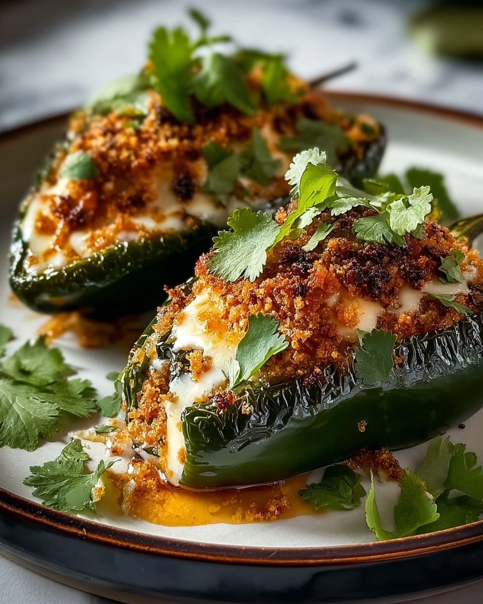 Two stuffed jalapeño halves lie side by side on a white plate, each filled with three visible layers: a base of green jalapeño skin, a thick middle layer of melted white cheese oozing slightly over the edges, and a golden brown crispy topping with small bits of browned crumbs. Fresh green cilantro leaves are scattered on top and around the plate for garnish. The plate sits on a white marbled surface, and the lighting highlights the shiny melted cheese and textured crispy topping. photo taken with an iphone --ar 4:5 --v 7