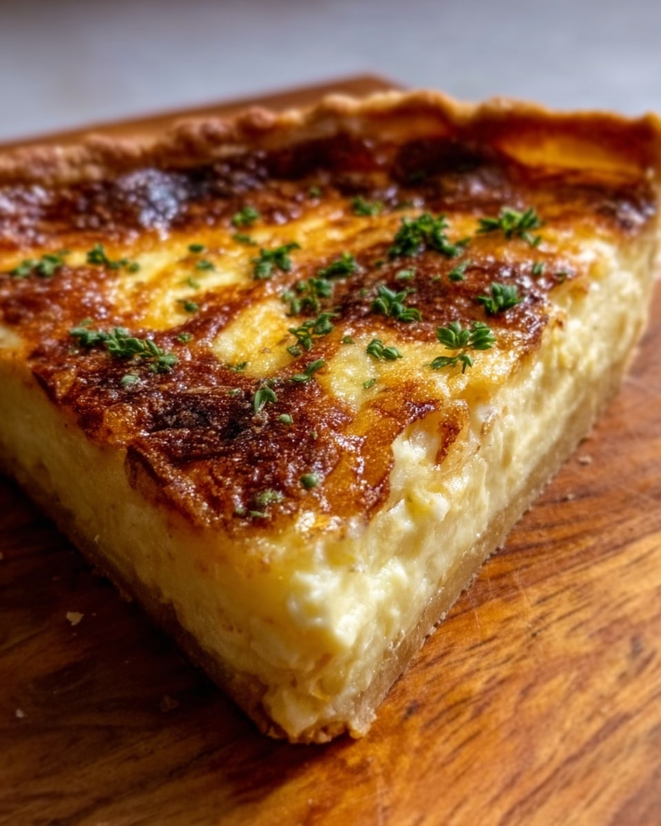 This image shows a close-up of a slice of baked quiche with a golden brown top layer covered in melted cheese and small green herbs sprinkled on it. Beneath the cheese, there is a creamy yellow filling with slightly browned edges. The crust is light brown, flaky, and thick, holding the filling firmly, sitting on a wooden board that contrasts softly with the quiche slice. photo taken with an iphone --ar 4:5 --v 7