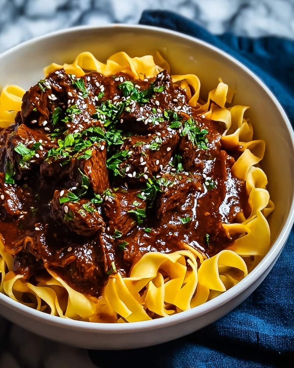 A white bowl filled with wide, flat pasta noodles at the bottom layer, light yellow in color with a soft texture and curled edges. On top of the noodles lies a thick layer of dark brown beef stew with chunks of tender meat in a rich, glossy sauce. The stew is garnished with fresh, chopped green herbs and small white sesame seeds scattered over the top. The bowl sits on a white marbled surface with a dark blue cloth partly visible around it. Photo taken with an iphone --ar 4:5 --v 7