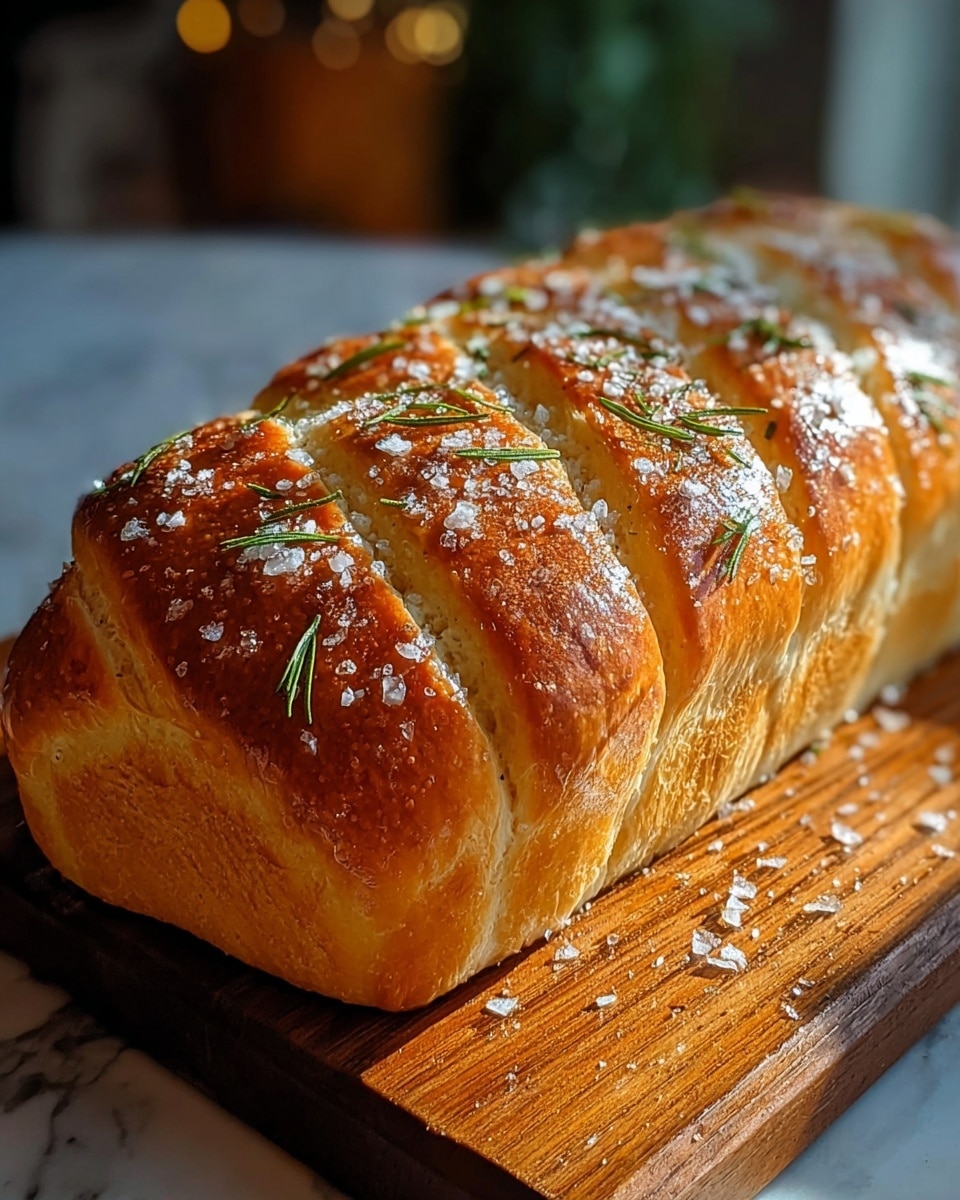A golden brown loaf of bread with deep diagonal cuts across the top, sprinkled generously with coarse sea salt and small green rosemary leaves. The bread’s texture looks soft and airy inside, with a shiny, slightly crispy crust on the outside. It rests on a long wooden board that holds some oil around the base of the bread. The photo shows warm natural light highlighting the bread's golden color, with a blurred green plant in the background and a white marbled surface below. photo taken with an iphone --ar 4:5 --v 7