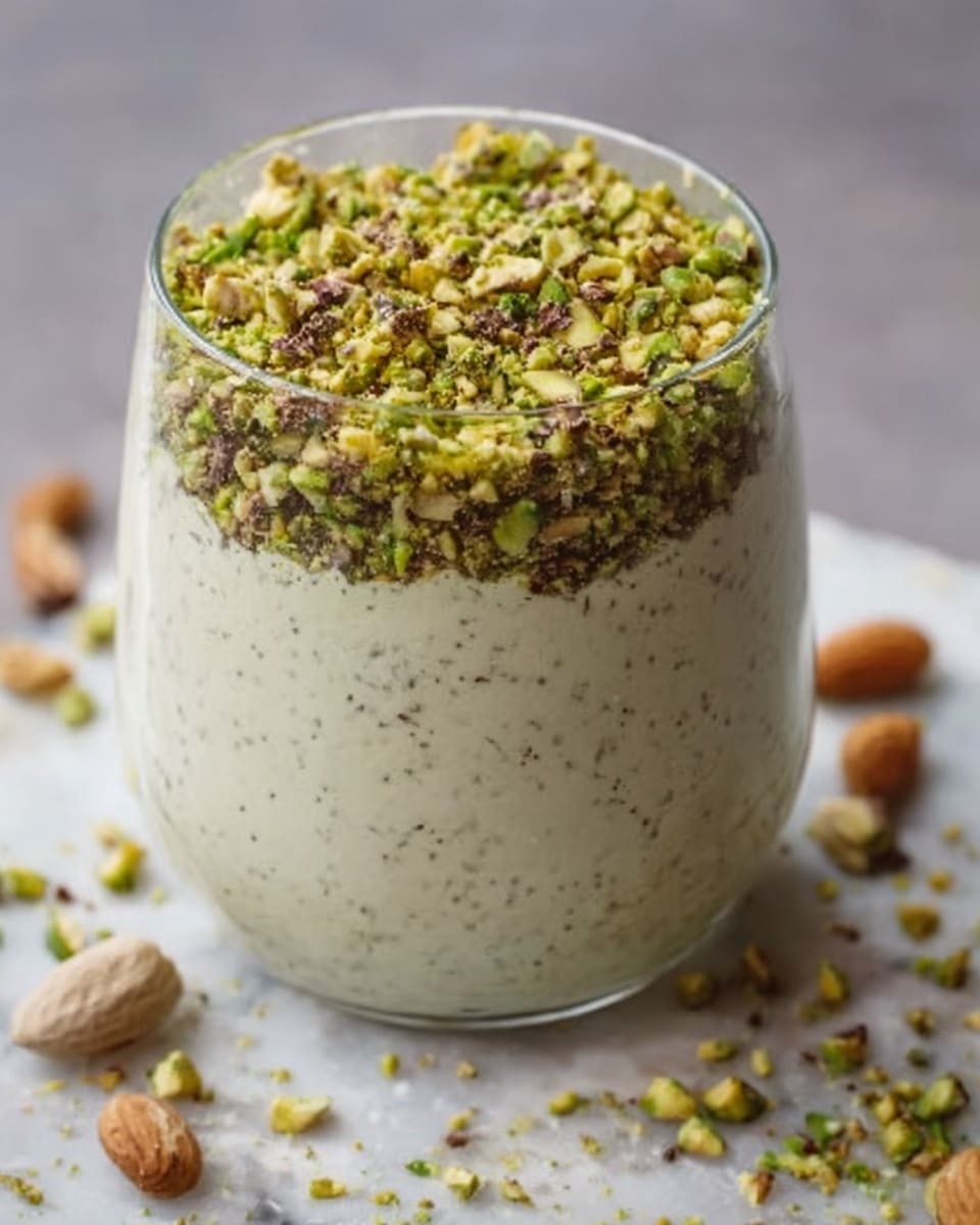 A clear glass filled with a creamy pistachio mousse that has a pale green color with small specks of pistachio throughout. The top layer is covered with a generous amount of chopped pistachios, adding a rough texture and deeper green and brown colors. The glass sits on a white marbled surface, with a few whole and halved pistachios scattered around it. photo taken with an iphone --ar 4:5 --v 7