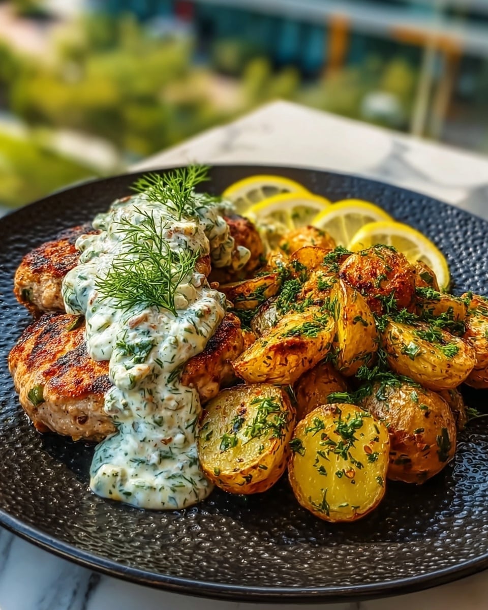 A dark textured plate holds two golden-brown grilled chicken patties topped with a thick, creamy white sauce dotted with green herbs, garnished with fresh dill on top. To the right, there is a pile of roasted baby potatoes cut in halves, golden with a slightly crispy surface, sprinkled with herbs and dill. In the background, two lemon wedges are tucked behind the chicken. The whole dish is set on a white marbled surface, capturing warm natural light. Photo taken with an iphone --ar 4:5 --v 7