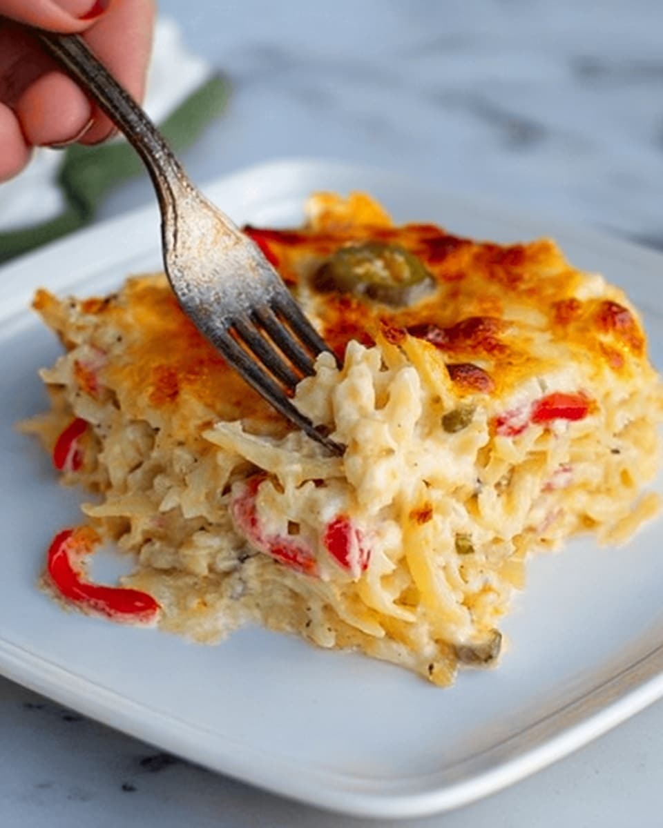 A small square white plate holds a single slice of cheesy casserole with visible layers. The base layer consists of soft, cooked pasta that is light beige with a slight glossy texture. On top of the pasta, there is a creamy sauce mixed with small pieces of red and green bell peppers, adding pops of color. The top layer is melted orange cheese, slightly browned and bubbly at the edges. A metal fork is inserted into the casserole, held by a woman’s hand, pressing gently into the soft layers. The plate sits on a white marbled surface photo taken with an iphone --ar 4:5 --v 7
