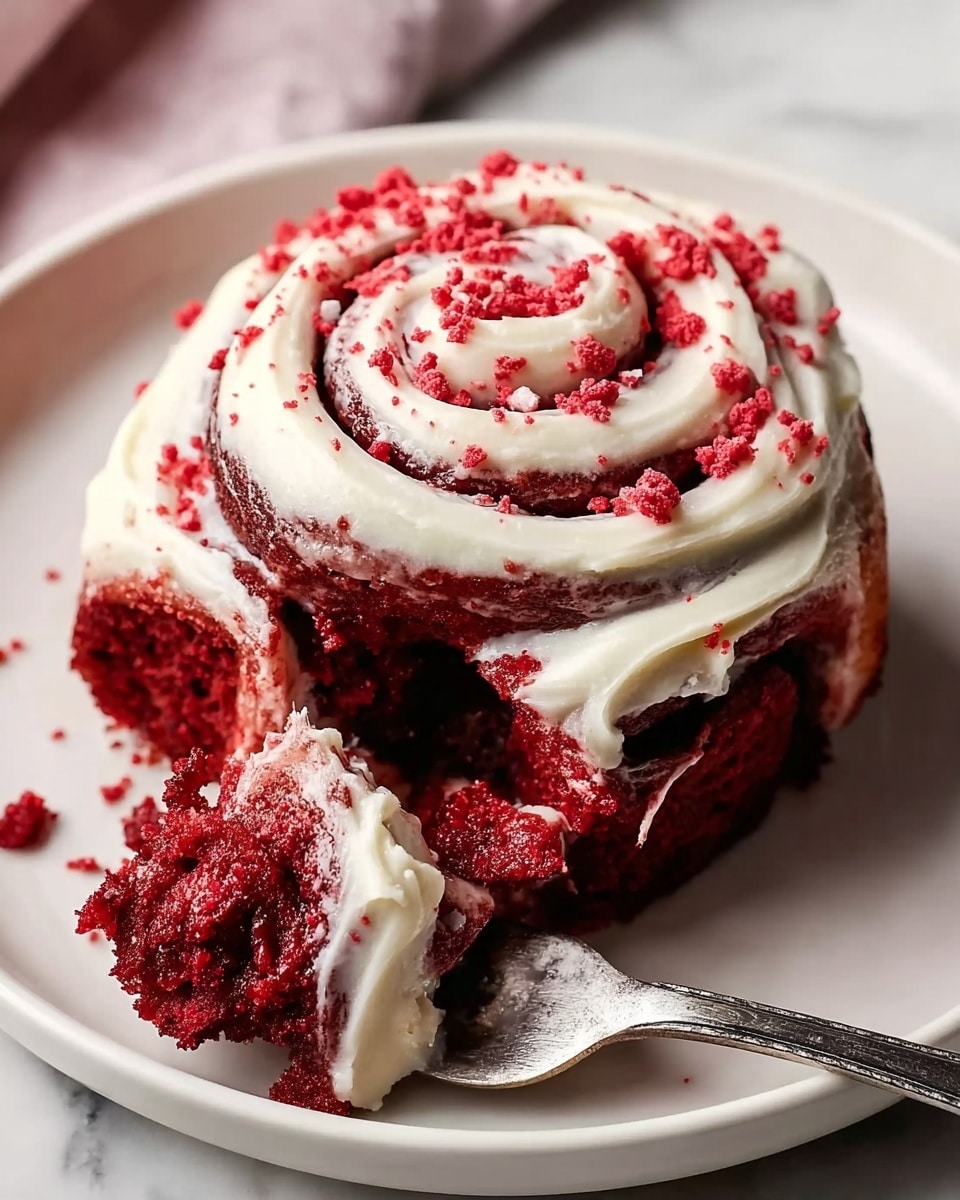 A single red velvet cinnamon roll sits on a white plate with one layer of deep red soft cake tightly rolled in a spiral. The top layer is thick white cream cheese frosting spread in a swirl pattern, sprinkled with small red cake crumbs adding texture and color contrast. The roll has a moist, crumbly texture visible at the outer edges next to a fork partially cutting into the bottom right side, with more red crumbs scattered on the plate and fork. The background is a white marbled texture. Photo taken with an iphone --ar 4:5 --v 7