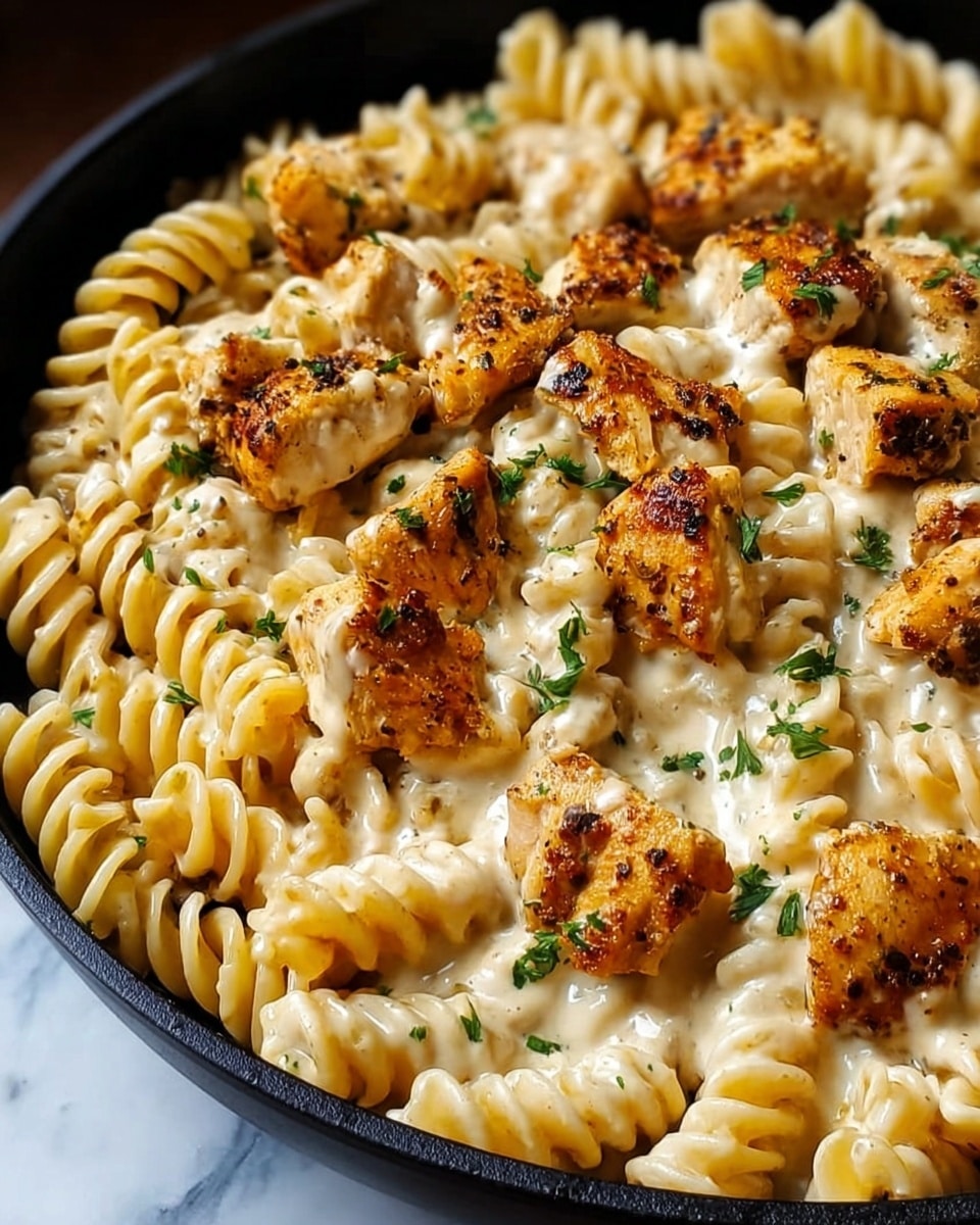 The image shows a close-up of a black pan filled with creamy pasta. The pasta is short and spiral shaped, covered in a thick, light beige sauce. On top, there are several pieces of grilled chicken, golden brown with small black specks of seasoning. Small green herb leaves are scattered across the dish, adding a splash of color to the creamy and warm tones. The background is a white marbled texture. photo taken with an iphone --ar 4:5 --v 7