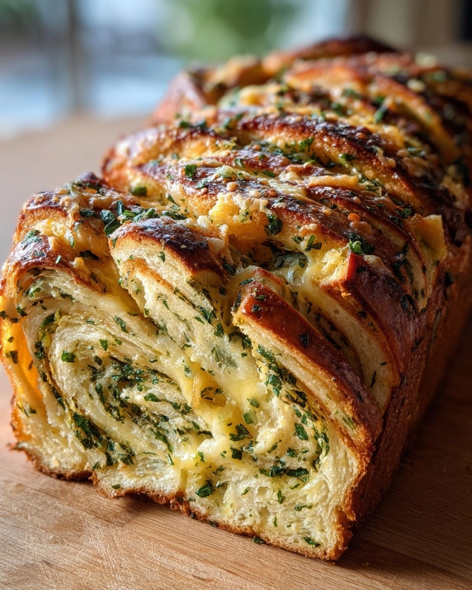 A close-up view of a sliced garlic bread loaf with multiple layers showing tightly rolled swirls inside, each layer revealing a mix of soft, golden dough and a green herb spread, likely parsley, mixed with melted butter or cheese. The top crust is shiny, golden brown, and looks crispy with visible herbs sprinkled over. The bread is placed on a smooth wooden surface. photo taken with an iphone --ar 4:5 --v 7