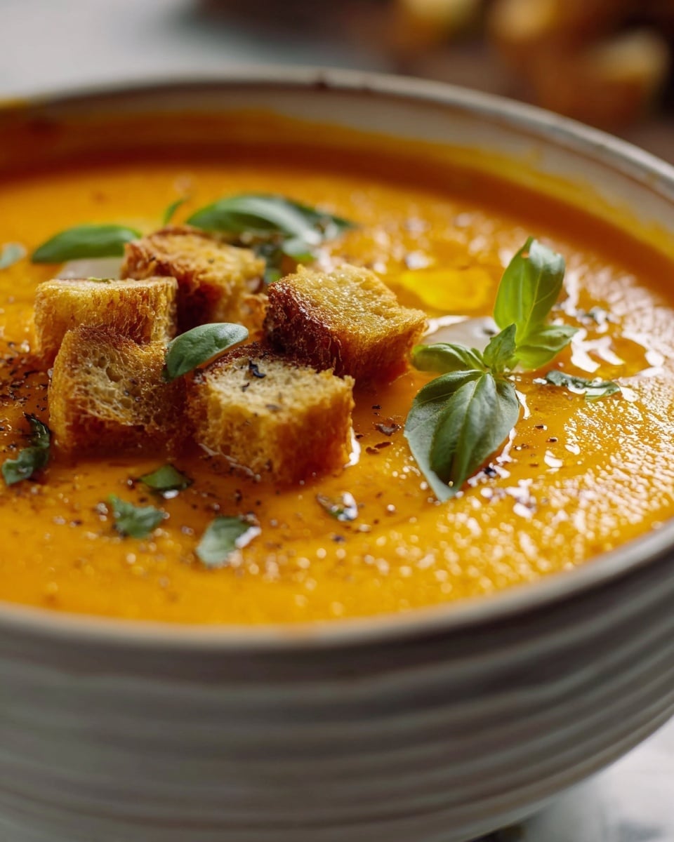 A close-up view of a white bowl filled with smooth, thick orange soup that has a creamy texture. On top, there is a small pool of golden oil shining in the light, with specks of dark spices scattered across the surface. Two toasted croutons, light brown and crispy with visible holes, sit near the center of the soup, surrounded by three fresh green basil leaves that add a pop of color and freshness. The bowl rests on a white marbled surface, creating a clean and bright background. photo taken with an iphone --ar 4:5 --v 7