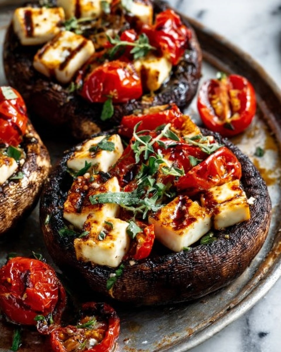 The image shows three large grilled portobello mushrooms acting as the base layer, each filled with white grilled cheese with golden-brown grill marks, placed unevenly on top. Scattered over the cheese are roasted red cherry tomato halves with a slightly charred skin. Small green basil pieces are sprinkled on everything, adding a fresh touch. One mushroom is placed near a bunch of fresh green basil leaves, all set on a white marbled surface. The food looks juicy, colorful, and fresh. photo taken with an iphone --ar 4:5 --v 7