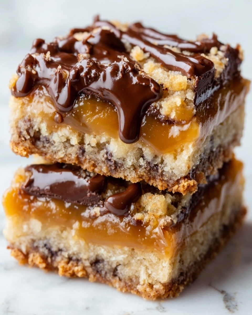 The image shows two stacked dessert bars with three visible layers. The bottom layer is a light brown, crumbly cookie base. The middle layer is a thick, shiny caramel with bits of nuts embedded. The top layer is another cookie layer, slightly broken and rough in texture. Dark brown chocolate is drizzled generously over the top, slowly dripping down the sides. The bars are on a white marbled surface. Photo taken with an iphone --ar 4:5 --v 7