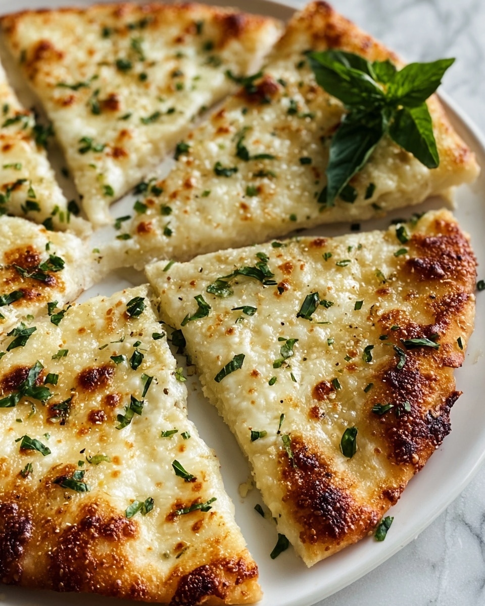 A close-up of a white pizza cut into six slices on a white plate, showing one slice slightly pulled out. The pizza has a thin, golden-brown crust with a bubbly texture. The top layer is melted creamy white cheese with some golden brown spots from broiling. Small green pieces of fresh herbs are scattered evenly across the cheese. There is a sprig of fresh green basil placed near the top center of the pizza. The plate sits on a white marbled surface. Photo taken with an iphone --ar 4:5 --v 7