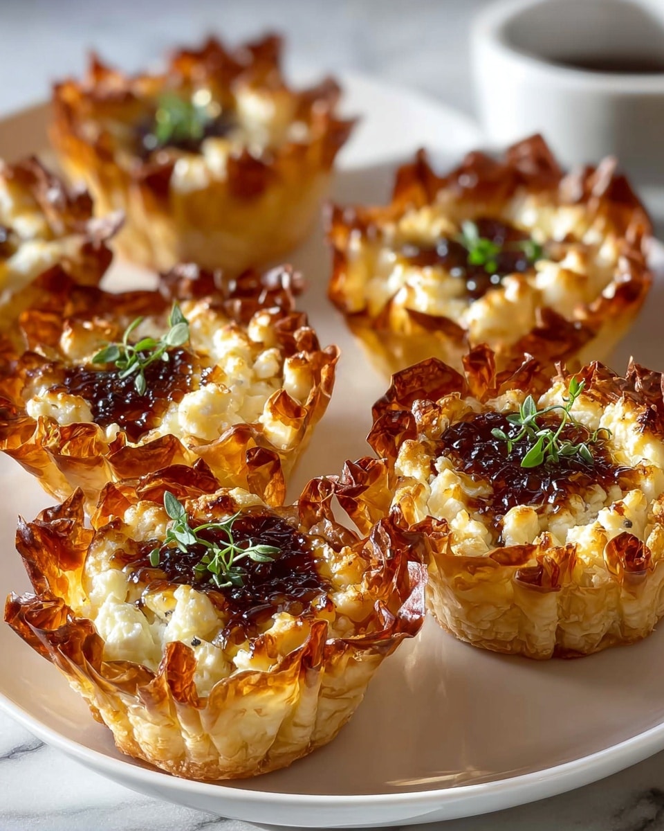 A white plate holds seven small tartlets with crispy, golden-brown phyllo pastry cups on the outside. Inside each cup is a layer of creamy, white cheese that looks soft and slightly crumbly. On top of the cheese is a glossy, dark amber glaze with small bits of seasoning, giving a shiny, textured look. Each tartlet is garnished with tiny green herb sprigs placed on top and a few scattered around the plate. The plate sits on a white marbled surface with soft natural light creating gentle shadows. photo taken with an iphone --ar 4:5 --v 7