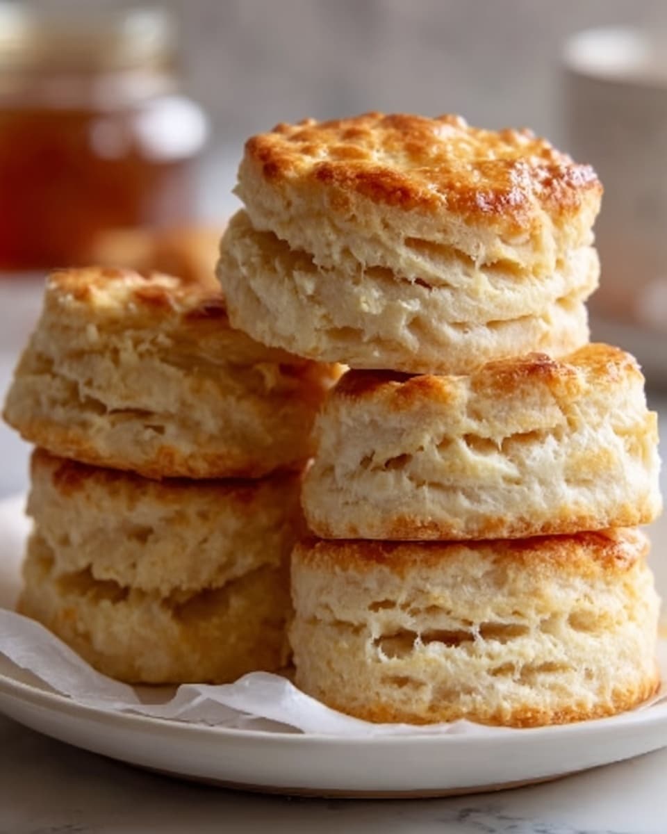 A close-up view of several flaky biscuits stacked on a white plate, each biscuit showing multiple light golden-brown layers with a slightly crispy texture on top and soft, pale layers inside. The buttery layers are thick and distinct, with a slightly crumbly surface and pieces breaking off at the edges. The soft light highlights the biscuits against a white marbled texture background. Photo taken with an iphone --ar 4:5 --v 7
