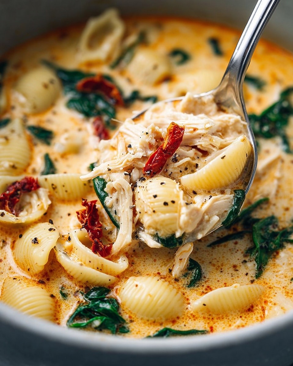 The image shows a close-up of a creamy soup filled with shell pasta, shredded white chicken, dark green spinach leaves, and small pieces of red sun-dried tomatoes. The soup base is light orange with a smooth, slightly thick texture, and black pepper flakes are scattered throughout. A shiny silver spoon scoops up a mix of the pasta, chicken, and spinach from the white marbled background. The contrast of the light soup, pale chicken, bright red tomato bits, and deep green spinach makes the dish look rich and comforting. Photo taken with an iphone --ar 4:5 --v 7