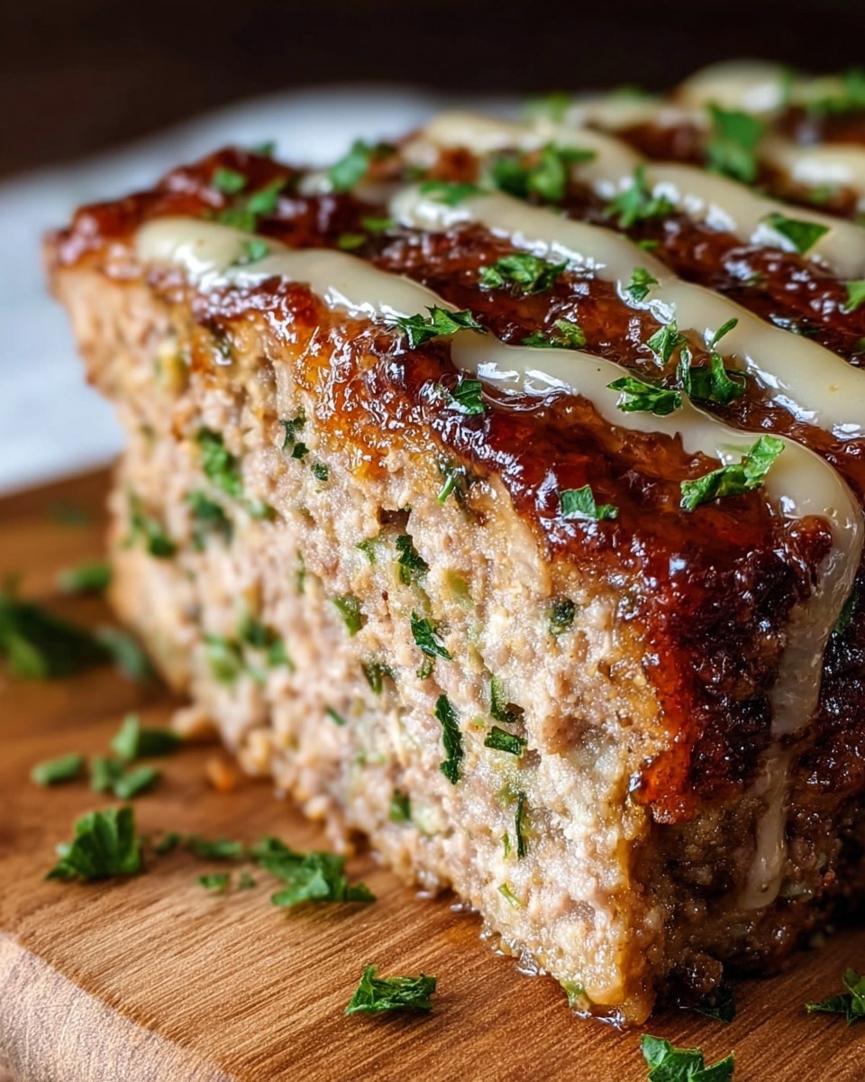 A close-up view of a thick slice of meatloaf with a browned, crispy crust on the outside and a tender, moist interior visible from a cut piece on the left. The meatloaf is seasoned with small green herbs mixed throughout, and there is a slightly shiny glaze or sauce drizzled on top, adding a glossy texture. The slice sits directly on a wooden surface that contrasts with the food's warm colors. The edges are caramelized, showing a rich golden-brown color with specks of herbs. photo taken with an iphone --ar 4:5 --v 7