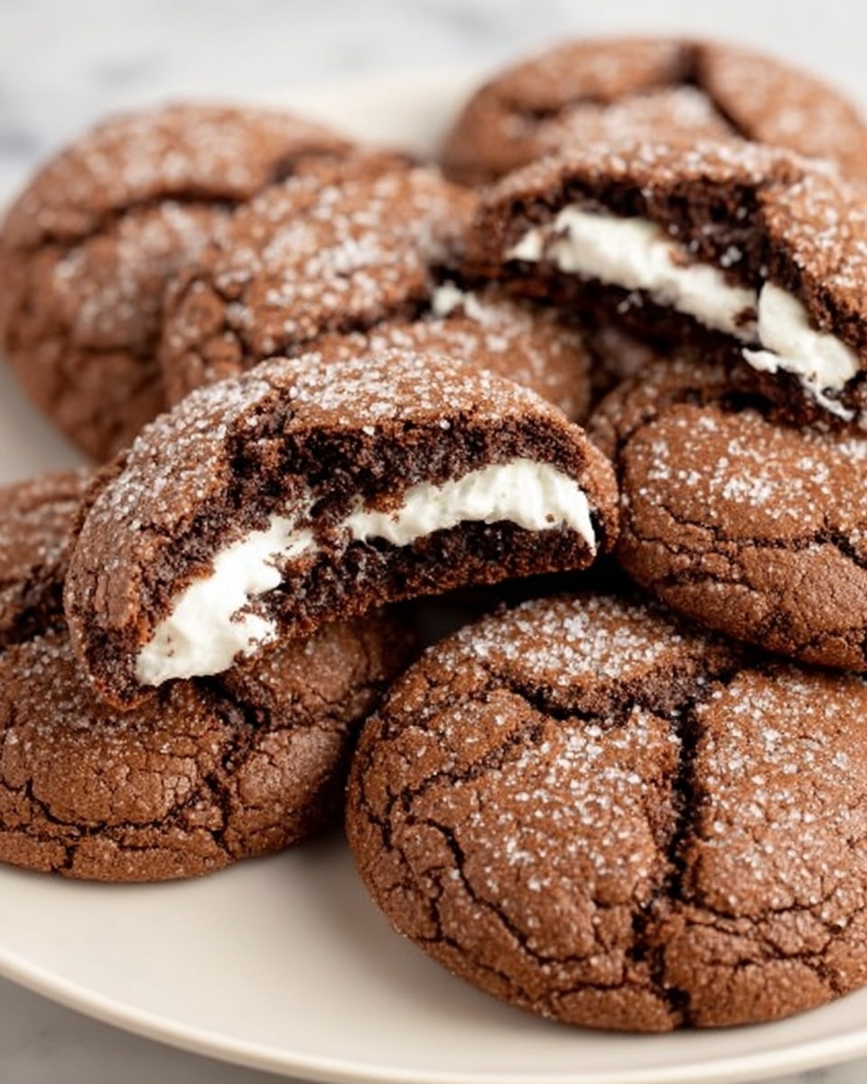 A close-up of several chocolate cookies with cracks on top revealing a creamy white filling in the middle layer. The cookies are round and have a slightly rough texture with granulated sugar visible on the surface. They are stacked and partly overlapping on a white plate, placed on a white marbled textured surface. The creamy filling is thick and smooth, peeking through the cracks in each cookie. photo taken with an iphone --ar 4:5 --v 7