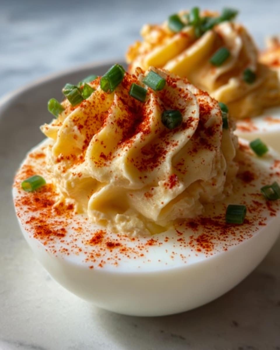 A close-up of a single deviled egg half on a white plate, placed on a white marbled surface. The egg is cut in half with a smooth white egg white base. The top layer is a creamy yellow yolk mixture, lightly textured and piped or spooned in a small mound. The yolk filling is dusted with a reddish-orange spice powder, likely paprika. On top of the yolk layer are small green chopped chives scattered for color contrast. The lighting is natural, coming from the side, casting soft shadows and highlighting the textures. Photo taken with an iphone --ar 4:5 --v 7