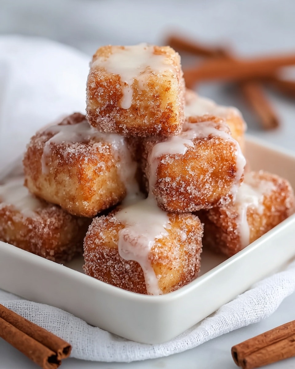 The image shows a white square dish filled with small, cube-shaped pieces of fried dough coated in a golden-brown cinnamon sugar crust. Each cube has a slightly rough texture from the sugar coating and is drizzled with a smooth, white glaze that gently drips down the sides. The cubes are stacked unevenly on top of each other, creating a casual and inviting look. The dish sits on a white marbled surface with a soft white cloth underneath, and a few cinnamon sticks are placed nearby for decoration. photo taken with an iphone --ar 4:5 --v 7