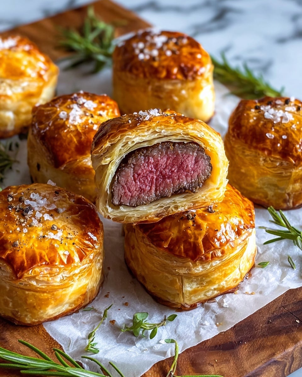 The image shows six golden puff pastry rolls with a shiny, crispy crust sprinkled with coarse salt and black pepper, arranged on white parchment paper over a wooden board. One pastry is cut in half, showing a pink-centered beef piece inside, surrounded by a thin brown mushroom or meat layer and multiple flaky, light yellow pastry layers. Fresh green rosemary sprigs are placed around the pastries on the board. The background has a white marbled texture. photo taken with an iphone --ar 4:5 --v 7