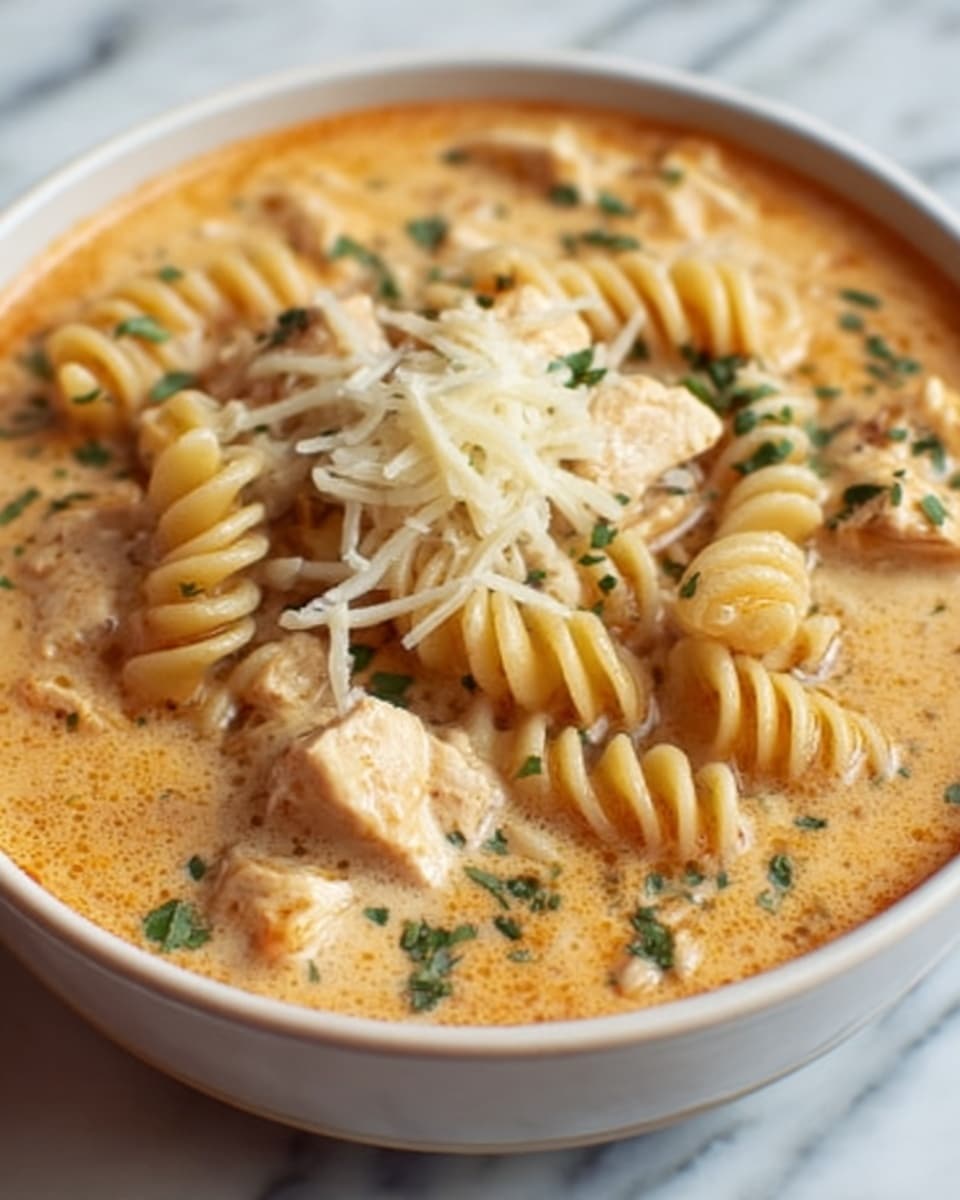 A white bowl sits on a white marbled surface, filled with spiral pasta in a creamy orange sauce. On top, there are chunks of cooked chicken that are light brown and tender. The sauce looks smooth and thick, covering the pasta well. Fresh green herbs are sprinkled across the top, adding a touch of color. Shredded white cheese is spread over the chicken and sauce, slightly melted but still visible as thin strands. photo taken with an iphone --ar 4:5 --v 7