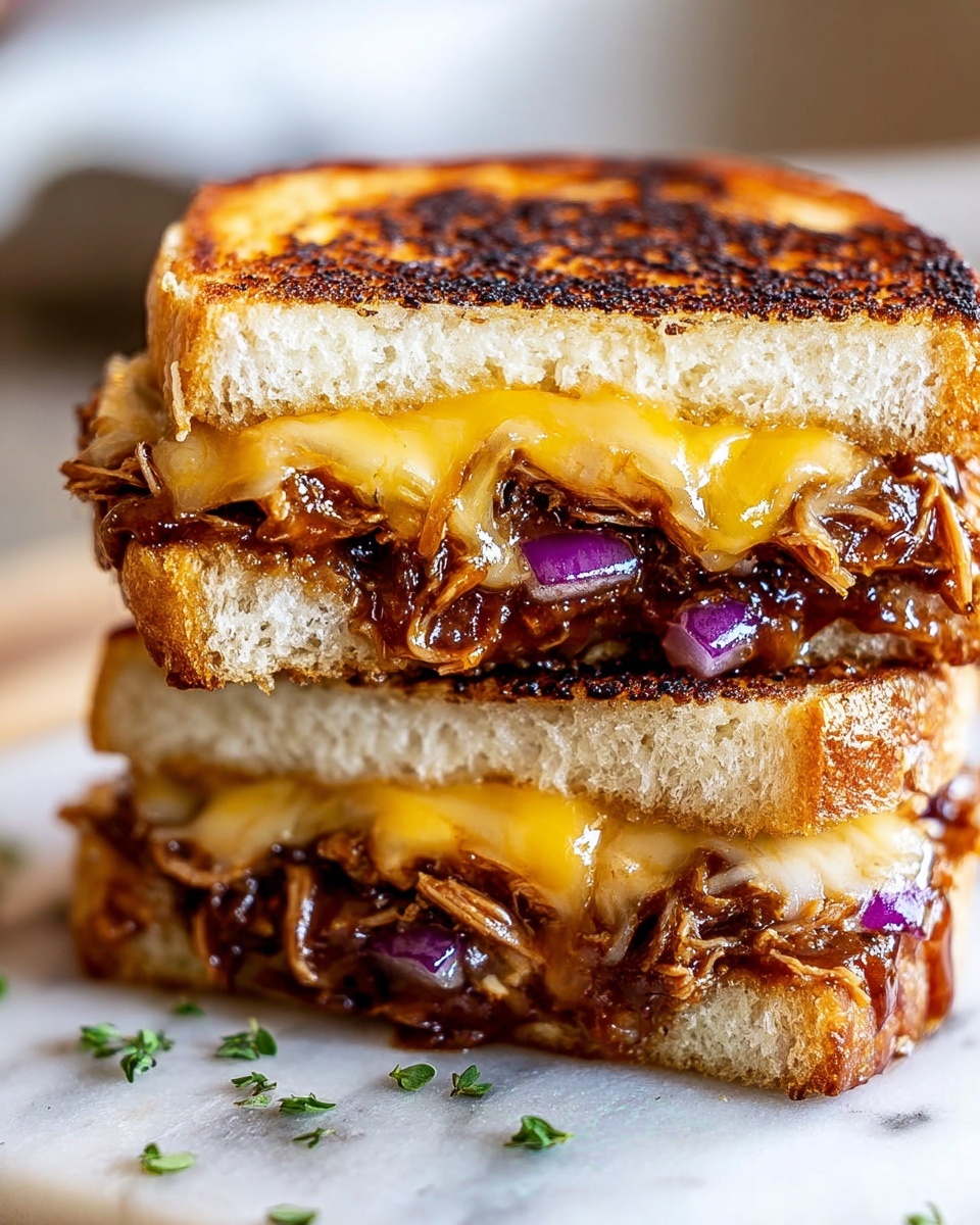 A close-up of a toasted sandwich cut in half and stacked, with two layers of thick, golden-brown crusty bread showing a slightly charred pattern. The inside layers include melted pale yellow cheddar cheese dripping over shredded, saucy brown pulled chicken mixed with soft, glossy slices of purple-red onions. The sandwich is resting on a crumpled brown paper surface, with everything sharply focused against a softly blurred background. photo taken with an iphone --ar 4:5 --v 7