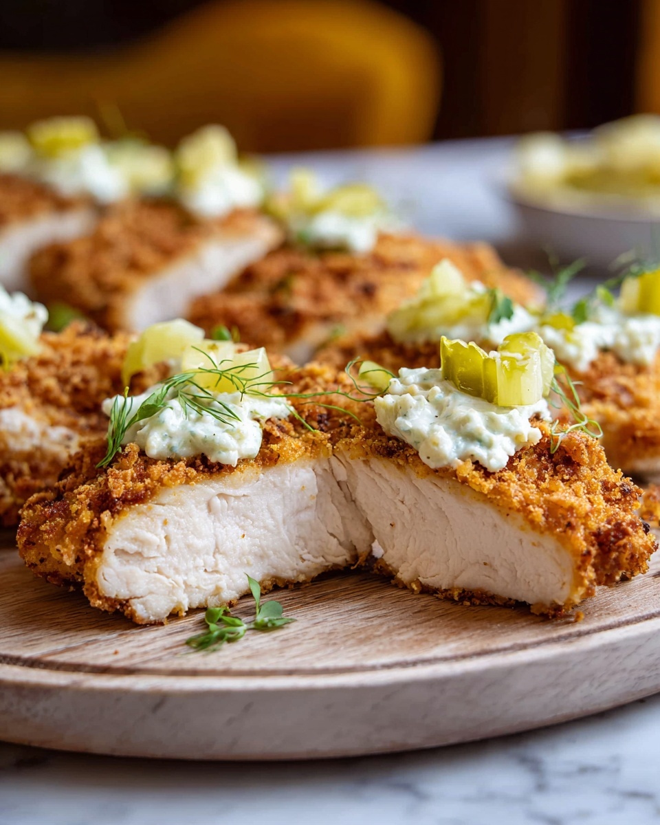 The image shows a close-up view of thick, breaded chicken breast pieces on a round white plate with a wooden texture. Each chicken piece has a golden-brown crispy crust layer on the outside, topped with small dollops of white creamy sauce and small yellow-green pickle pieces, garnished with a few sprigs of fresh green herbs. Inside, the chicken is white and juicy, clearly cooked but tender. The background is softly blurred with warm tones, and the surface under the plate has a white marbled texture. photo taken with an iphone --ar 4:5 --v 7