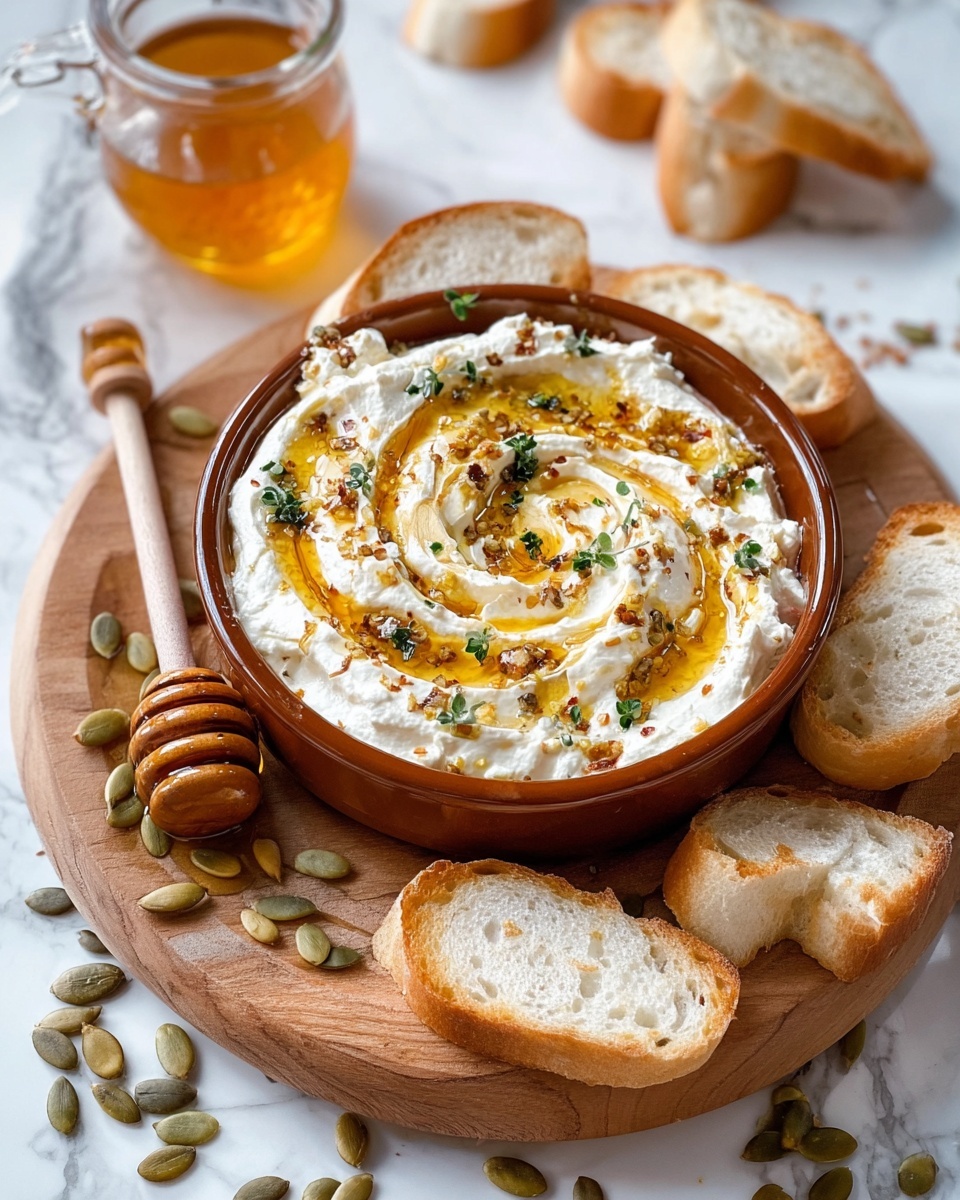 A bowl filled with creamy white cheese spread is topped with golden honey drizzled in a swirling pattern, sprinkled with small green herb leaves and tiny seeds that add texture and color contrast. The bowl is placed on a round wooden board, scattered with light green pumpkin seeds. Around the board, there are several slices of toasted bread with a light golden crust and soft, airy inside. A small wooden spoon rests on the board, holding a honey dipper coated with honey. In the background, a glass jar filled with golden honey adds a warm tone, all set on a white marbled surface. photo taken with an iphone --ar 4:5 --v 7