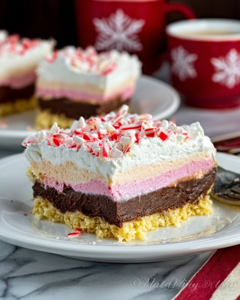 The image shows a slice of a layered dessert on a white plate, placed on a white marbled surface. The dessert has four layers: the bottom layer is a crumbly, light-colored crust, above it is a pink layer with bits of crushed candy, followed by a thick, smooth dark chocolate layer, and topped with a fluffy white cream layer sprinkled with red and white crushed candy pieces. In the background, there is a blurred view of the rest of the dessert and two red cups with white snowflake patterns. photo taken with an iphone --ar 4:5 --v 7
