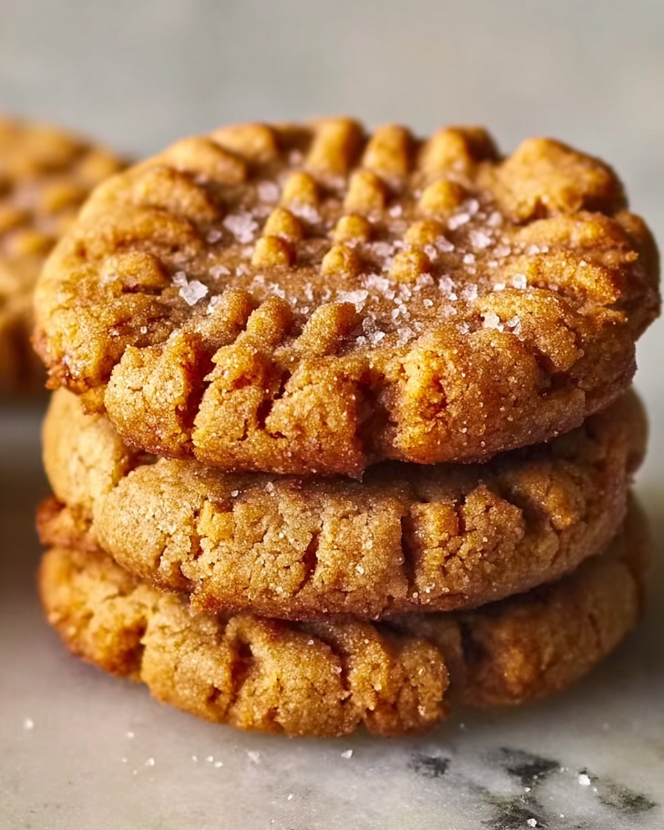 A close-up image shows a stack of three thick peanut butter cookies with a golden-brown color, each cookie having a rough texture with visible cracks and a classic fork-pressed pattern on the top surface forming grid-like lines. The edges of the cookies are darker and crispy, while the bodies look soft and chewy, sprinkled lightly with granulated sugar and tiny black specks. The cookies are resting on a white marbled textured surface, with some crumbs around them adding more detail to the scene. Photo taken with an iphone --ar 4:5 --v 7