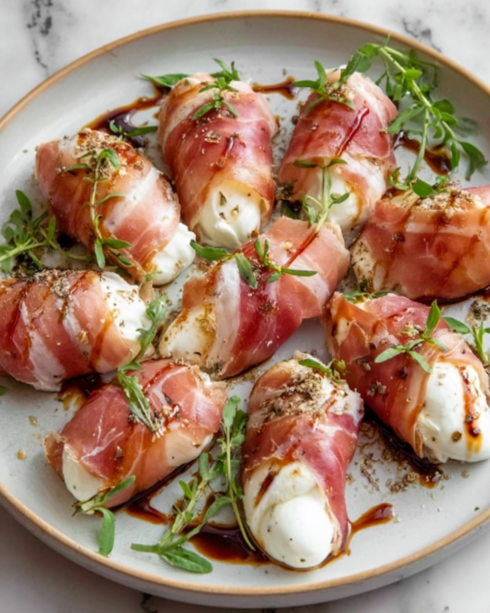 The image shows a white plate with round bites arranged neatly, each bite wrapped in thin, pink prosciutto. Inside, there is a smooth white creamy filling, slightly melted, visible at the ends. The bites are topped with small green herb leaves and a light drizzle of brown balsamic glaze. The plate sits on a white marbled surface, and the overall look is shiny and fresh, with a mix of soft and slightly crisp textures. photo taken with an iphone --ar 4:5 --v 7